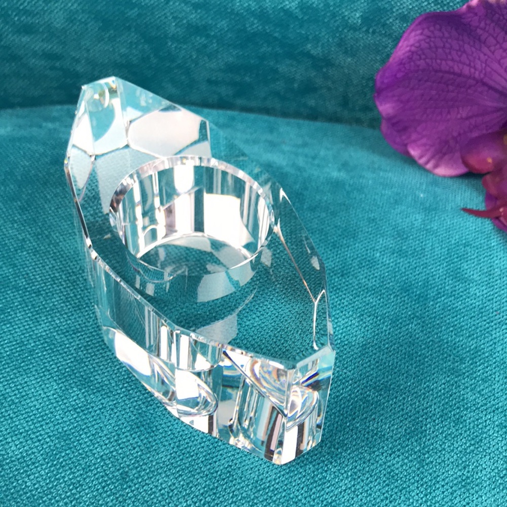 Oleg Cassini | Signed Clear Crystal Glass Candle holder w Beveled Edges